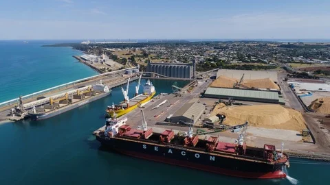 Drone tracking down into Portland port, Victoria, Australia - Jan 28, 2018. Stock Footage 93280415
