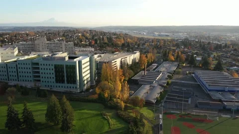 Drone tracking footage of South Seattle VA Hospital, downtown Seattle, Stock Footage