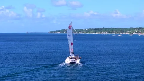 Drone tracking shot of catamaran on the West Coast of Barbados (2) 動画素材 308791014