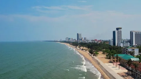 Drone tracking shot of empty concrete beachfront promenade 4K Stock Footage 336473692