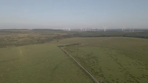 Drone Tracking Towards Wind Farm Over Scottish Farmland Stock Footage 339075637