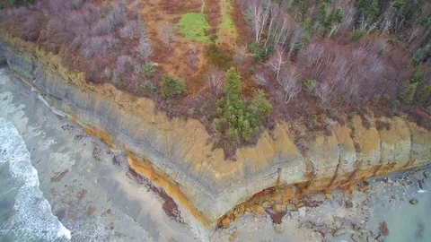 Drone tracks backwards to reveal cliffs and waves on the coast of Cape Breton Stockbeeldmateriaal 74168115
