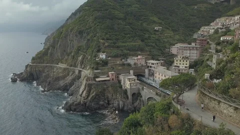 Drone | Train on Coastline | Train Reveal of Parked Train  (No Color Grade) Stock Footage 106796079