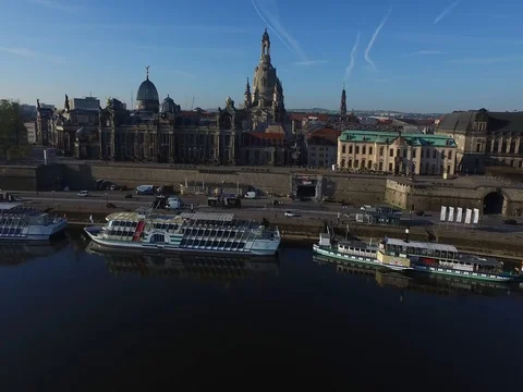 A drone trip over Dresden, river and old city, at a sunny summer day. Video stock 80004658