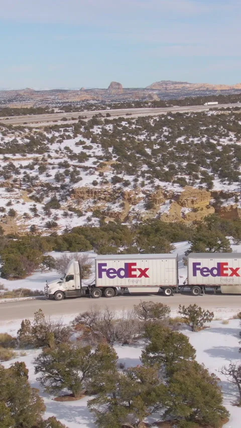 DRONE: Truck driver gets back into his FedEx lorry parked at a scenic rest stop. Stock Footage 309569433