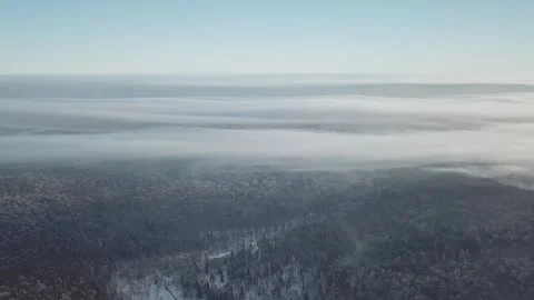 Drone turns sideways while flying high above the snowy forest Stock-Footage 333603897