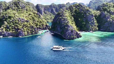 Drone Twin lagoon, limestone cliffs in Philippines. Coron, Palawan. Stock Footage 302849449