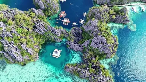 Drone Twin lagoon, limestone cliffs in Philippines. Coron, Palawan. Stock Footage 302849627