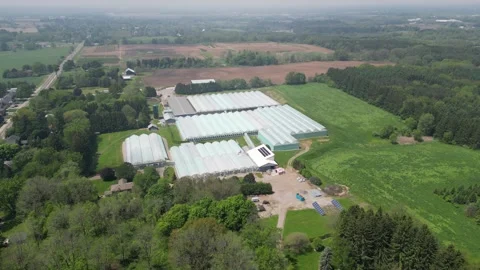 Drone - Very Slow Left to Right View of Greenhouses Property Stock Footage 314227640
