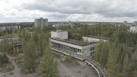 Drone video in an abandoned city of Pripyat in the Chernobyl Stock Footage 128351776