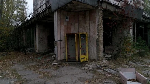 Drone video in an abandoned city of Pripyat in the Chernobyl Stock Footage 128369580