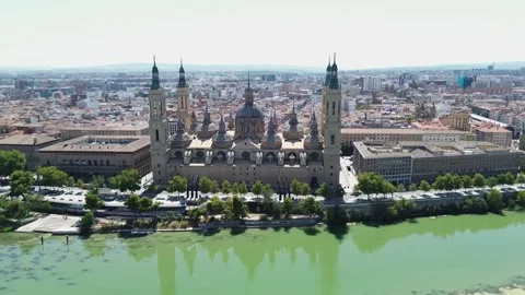 Drone video Basilica of Our Lady of the Pillar of Saragosse Spain europe Stock Footage 302585404