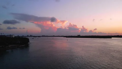 Drone Video of Bay and Sunset with Colorful Cloudy Sky in Miami, Florida, USA 4K Stock Footage 243998164