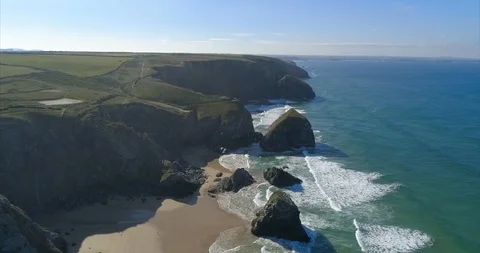 Drone Video: Bedruthan Steps, Cornwall Stock Footage 104963260