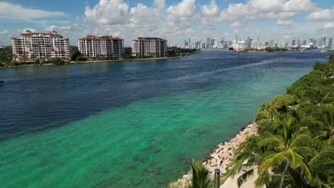 Drone Video of Biscayne Bay and Downtown Miami with boat Stock Footage 252953427