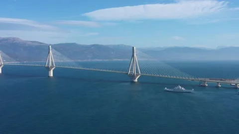 Drone video. Cable suspension bridge of Rio - Antirio Harilaos Trikoupis. Stock Footage 143909282