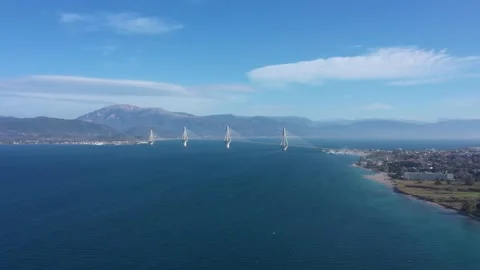Drone video. Cable suspension bridge of Rio - Antirio Harilaos Trikoupis. Video stock 143909728