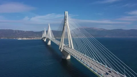 Drone video. Cable suspension bridge of Rio - Antirio Harilaos Trikoupis. Video stock 143913516