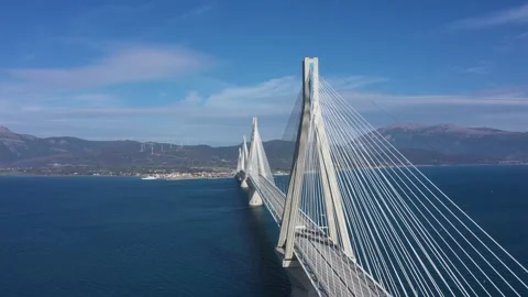 Drone video. Cable suspension bridge of Rio - Antirio Harilaos Trikoupis. Video stock 143926487