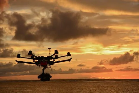 Drone with video camera, Seychelles over Indian ocean Stock Photos
