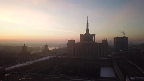 Drone video of Casa Presei in Bucharest at sunrise. Casa Scanteii Bucuresti Stock Footage 149396356