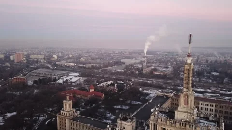 Drone video of Casa Presei Libere Bucharest at sunrise during winter. Stock Footage 149396020