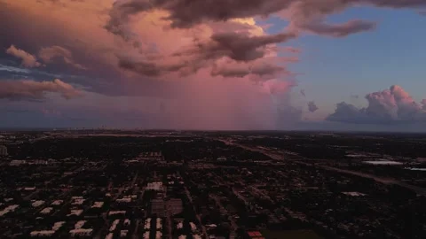 Drone video of colorful cloudy sky sunset in Miami, Florida, USA 4k Stock Footage 244005252