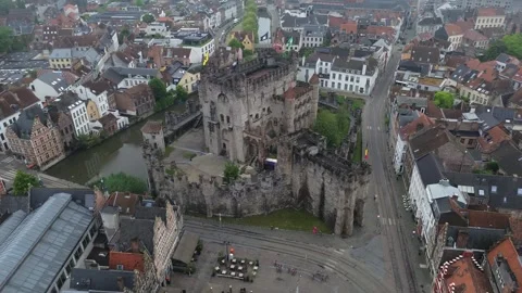 Drone video Counts of Flanders Castle Ghent Belgium europe Stock Footage 302597672