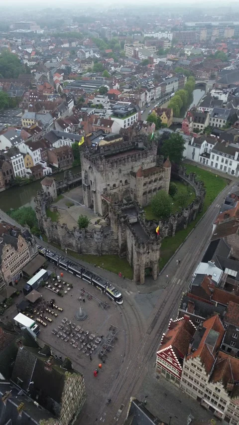 Drone video Counts of Flanders Castle Ghent Belgium europe Stock Footage 302597674