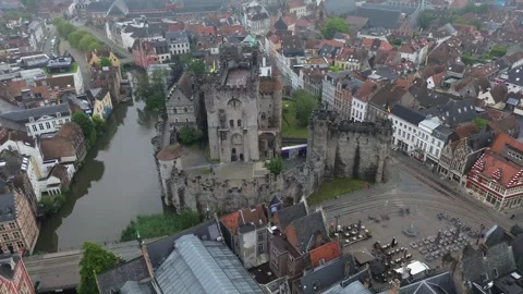 Drone video Counts of Flanders Castle Ghent Belgium europe Stock Footage 302597751
