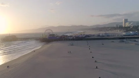 Drone Video Deserted Beach During COVID19 Pandemic Santa Monica Beach California Stock Footage 142144253