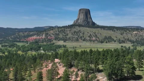 Drone video of Devils Tower in Wyoming with pine trees Stock Footage 319684149
