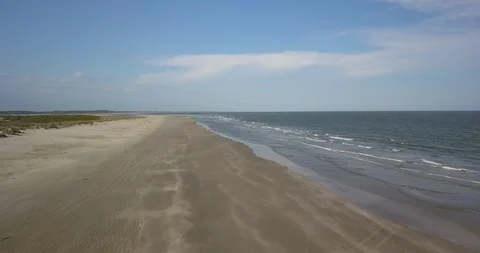 Drone video from an empty sand beach, calm ocean waves and one flying seagull Stock Footage 126609777