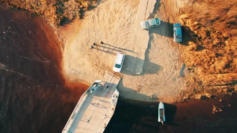 Drone video. Ferry crossing the river.  Water transport. Stock Footage 163547041