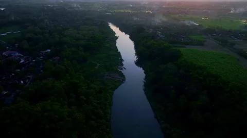 Drone video following river through evening forest Stock Footage 336315481