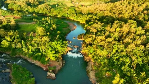 Drone video following turquoise river through forest Stock Footage 336314864