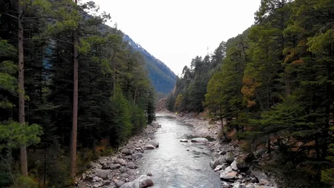 Drone video forest river and revealing a valley in front. Stock Footage 110198748