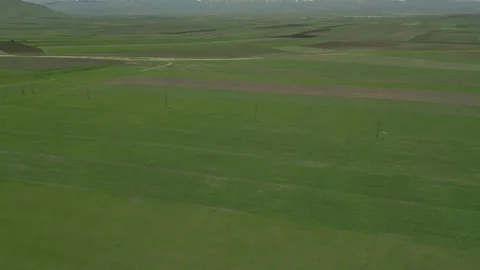 Drone video. Green fields, crossed by country roads and power lines, village. Stock Footage 252926256