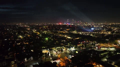 Drone video of Independence day pyrotechnics, city night in Los Angeles, CA Stock Footage 341181804