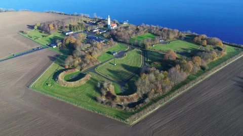 Drone video of the lighthouse complex Stevns Fyrcenter in Denmark Stock Footage 272294902