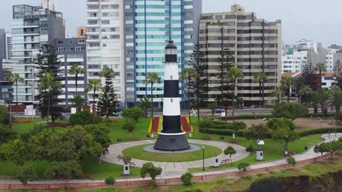 Drone video of a lighthouse in Miraflores district of Lima, Peru. Stock Footage 195190816
