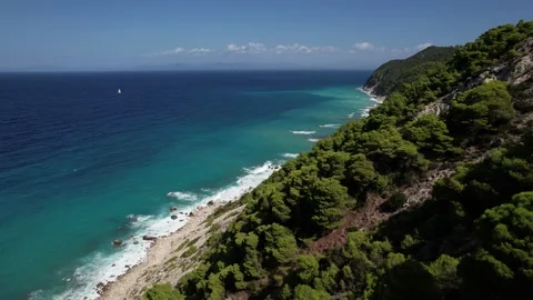 Drone video from long wild beach in Lefkada Greece. Cinematic drone footage. Sep 스톡 동영상 214015076