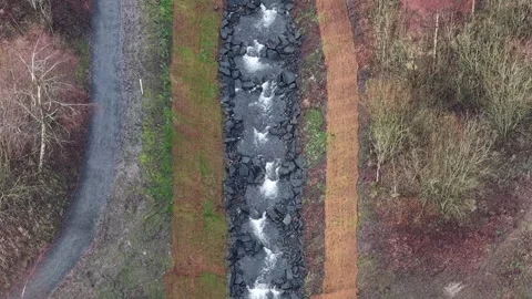 Drone video looking down at Back Burn restoration at Coul spillway 動画素材 328054868