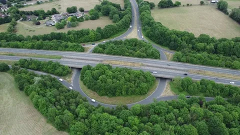 Drone video of mottorway junctions and bridges in Hoddesdon UK Stock Footage 201771586