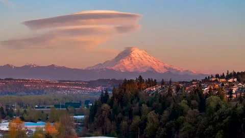Drone Video of Mount Rainier at Sunset with a Lenticular Cloud, 4K Stock Footage 273953401