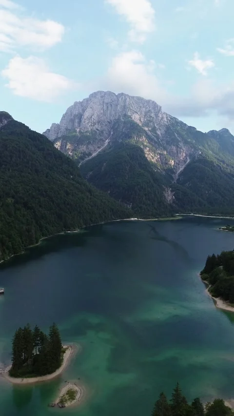 Drone video Predil lake Dolomites italy europe Stock Footage 302584932