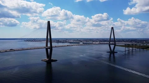 Drone video of the Ravenel bridge looking toward Charleston SC Stock Footage