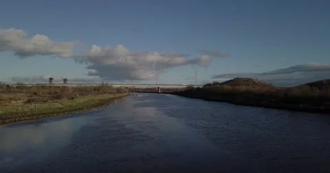 Drone video of the river Tees showing Middlesbrough in the background Stock Footage 131079097