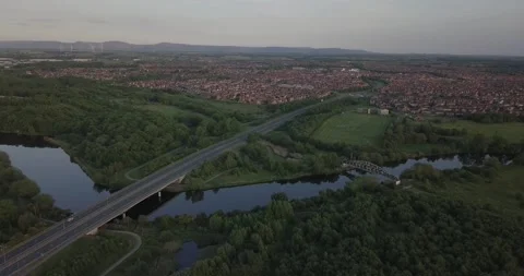 Drone video of the road bridge over the River Tees at Stockton on Tees Stock Footage 131272526