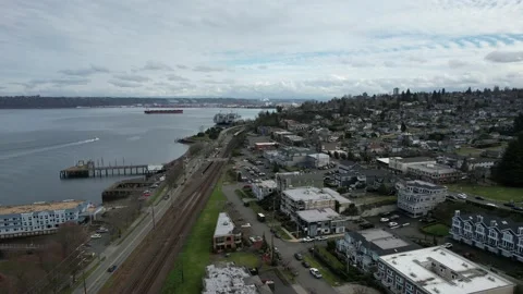 Drone Video rolling over Old Town, Tacoma on a cloudy day Stock Footage 232877932